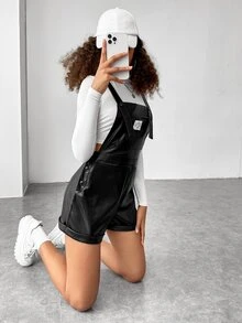 SHEIN EZwear Patch Detail Overall Romper Without Tee - Black - View 7