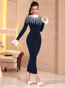 Modelyn Contrast Lace Flounce Sleeve Sweater Dress - Navy Blue - View 1