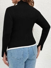 Elegant Chic Plus Size Women's Slim-Fit Knitted Sweater, Long Sleeve Pullover For Spring & Fall, Christmas Thanksgiving New Year Chic Sexy Casual Fashion Top Back To School Fall Women Clothes Autumn Winter - Black - View 2