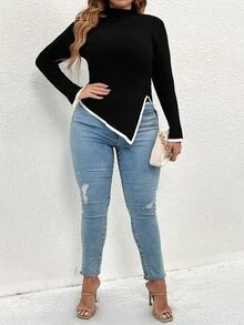 Elegant Chic Plus Size Women's Slim-Fit Knitted Sweater, Long Sleeve Pullover For Spring & Fall, Christmas Thanksgiving New Year Chic Sexy Casual Fashion Top Back To School Fall Women Clothes Autumn Winter - Black - View 5