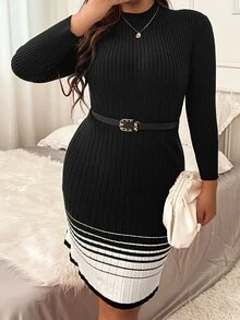 大碼條紋圖案小高領毛衣裙不附腰帶 - 黑色 - 查看 4