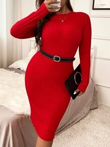 Knit Mix Plus Solid Ribbed Knit Jumper Dress Without Belt - Red - View 1