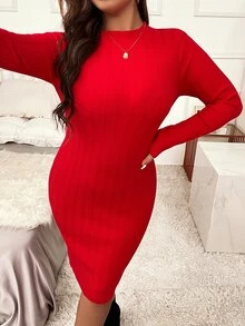 Knit Mix Plus Solid Ribbed Knit Jumper Dress Without Belt - Red - View 4