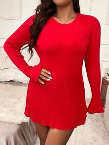 Knit Mix Váy len oversized Xù nhỏ Gân đan màu trơn Thanh lịch - Đỏ - Xem 5
