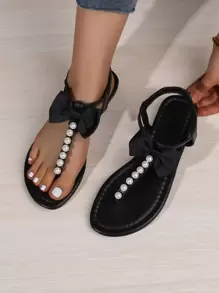 蝴蝶結和人造珍珠裝飾T字帶涼鞋 - 黑色 - 查看 1