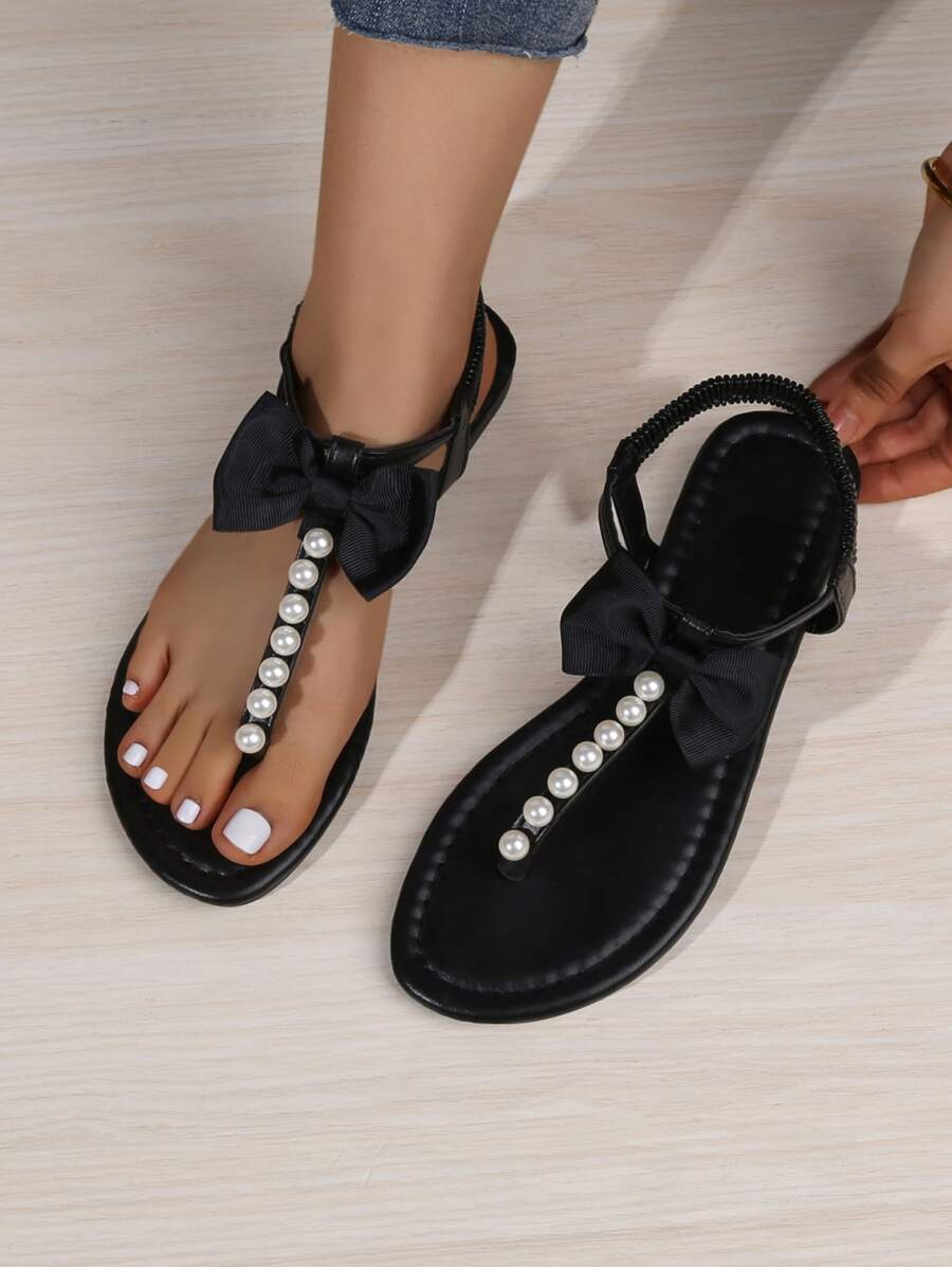 蝴蝶結和人造珍珠裝飾T字帶涼鞋 - 黑色 - 查看 1