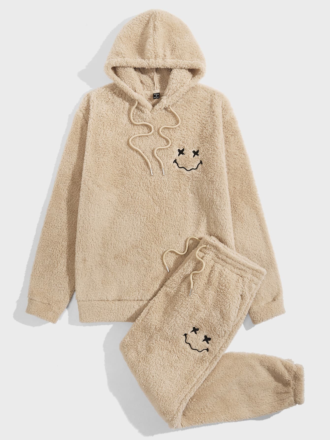 Manfinity Men Cartoon Face Embroidery Drawstring Flannel Hoodie & Trousers - Khaki - View 1