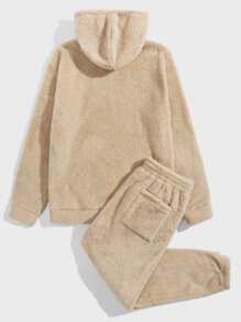 Manfinity Men Cartoon Face Embroidery Drawstring Flannel Hoodie & Trousers - Khaki - View 2