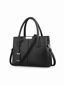 Yogodlns 荔枝纹压花顶部提手包简约人造皮革手提包，女士优雅斜挎包，带拉链时尚钱包，母亲节礼物，适合妈妈、少女、女大学生、新秀和白领工作者，非常适合办公室、工作、商务、通勤，女士最佳工作包 - 黑色 - 查看 1