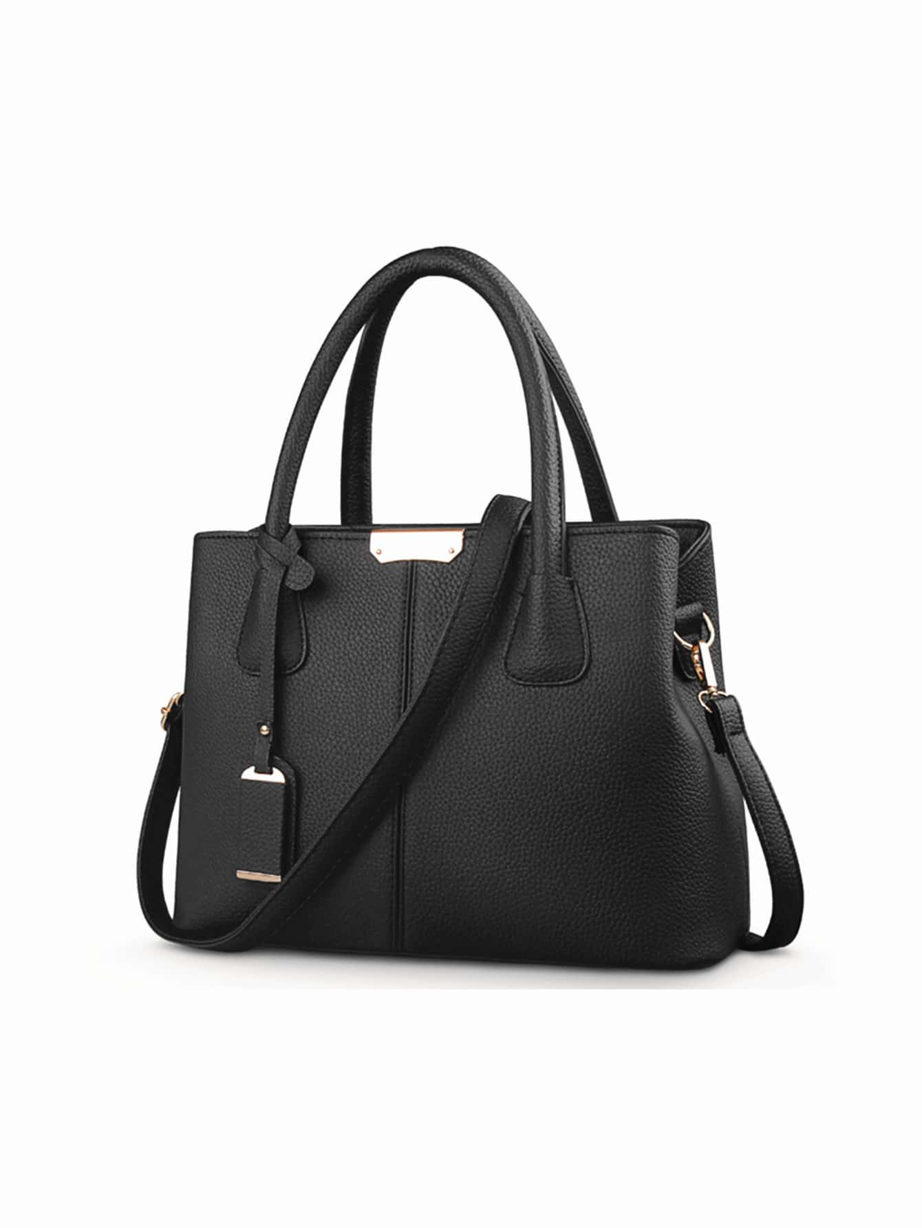 Yogodlns 荔枝纹压花顶部提手包简约人造皮革手提包，女士优雅斜挎包，带拉链时尚钱包，母亲节礼物，适合妈妈、少女、女大学生、新秀和白领工作者，非常适合办公室、工作、商务、通勤，女士最佳工作包 - 黑色 - 查看 1