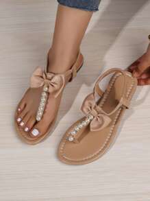 Dép xỏ ngón đế bằng chống trượt thời trang thoải mái thường ngày trang trí ngọc trai cho nữ - Màu Khaki - Xem 1