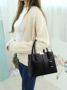 Yogodlns 荔枝纹压花顶部提手包简约人造皮革手提包，女士优雅斜挎包，带拉链时尚钱包，母亲节礼物，适合妈妈、少女、女大学生、新秀和白领工作者，非常适合办公室、工作、商务、通勤，女士最佳工作包 - 黑色 - 查看 5