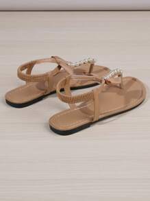 Dép xỏ ngón đế bằng chống trượt thời trang thoải mái thường ngày trang trí ngọc trai cho nữ - Màu Khaki - Xem 5