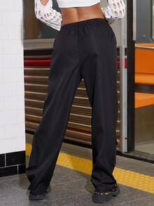 Street Drawstring Waist Flap Pocket Cargo Pants - Black - View 2