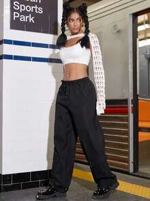 Street Drawstring Waist Flap Pocket Cargo Pants - Black - View 3