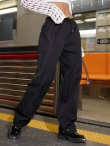 Street Drawstring Waist Flap Pocket Cargo Pants - Black - View 5