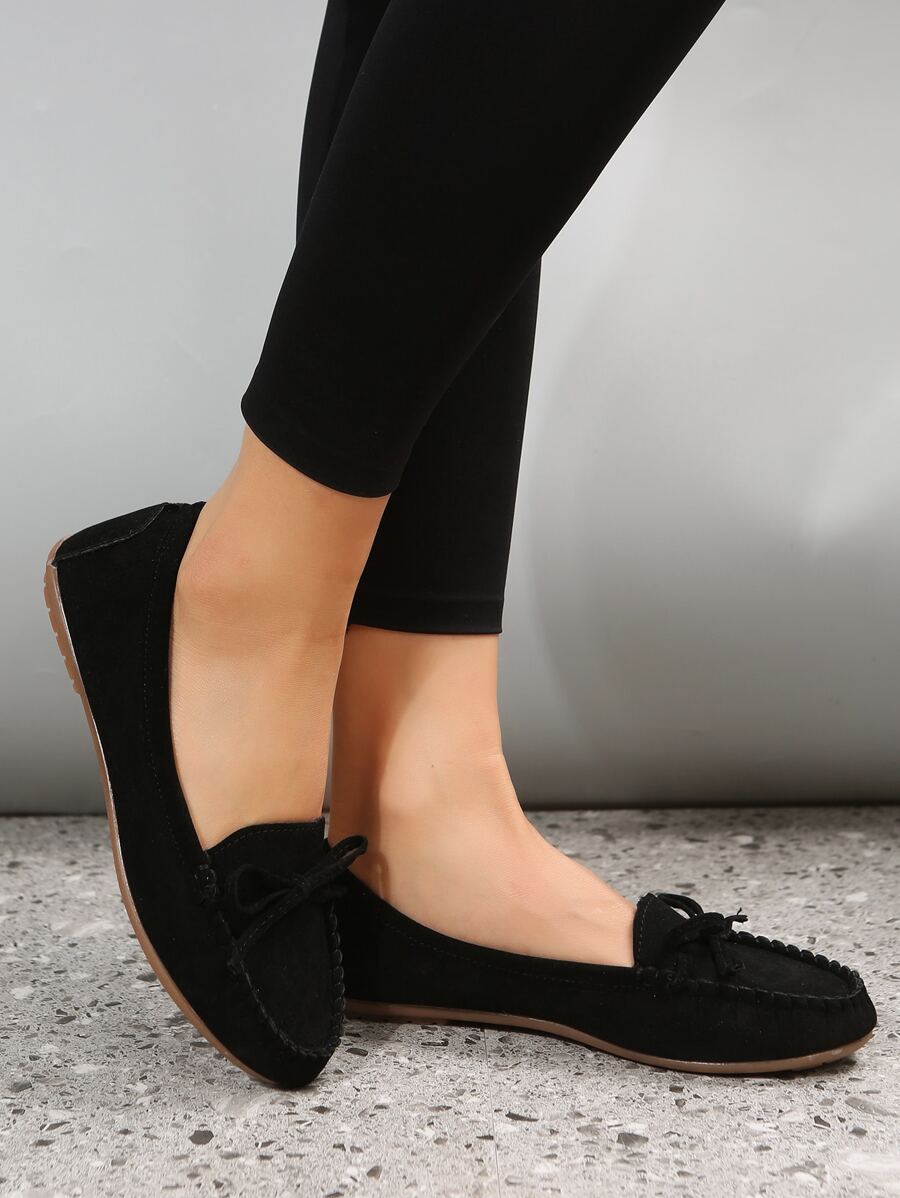 蝴蝶結裝飾仿麂皮平底樂福鞋 - 黑色 - 查看 1