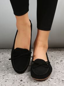 蝴蝶結裝飾仿麂皮平底樂福鞋 - 黑色 - 查看 2