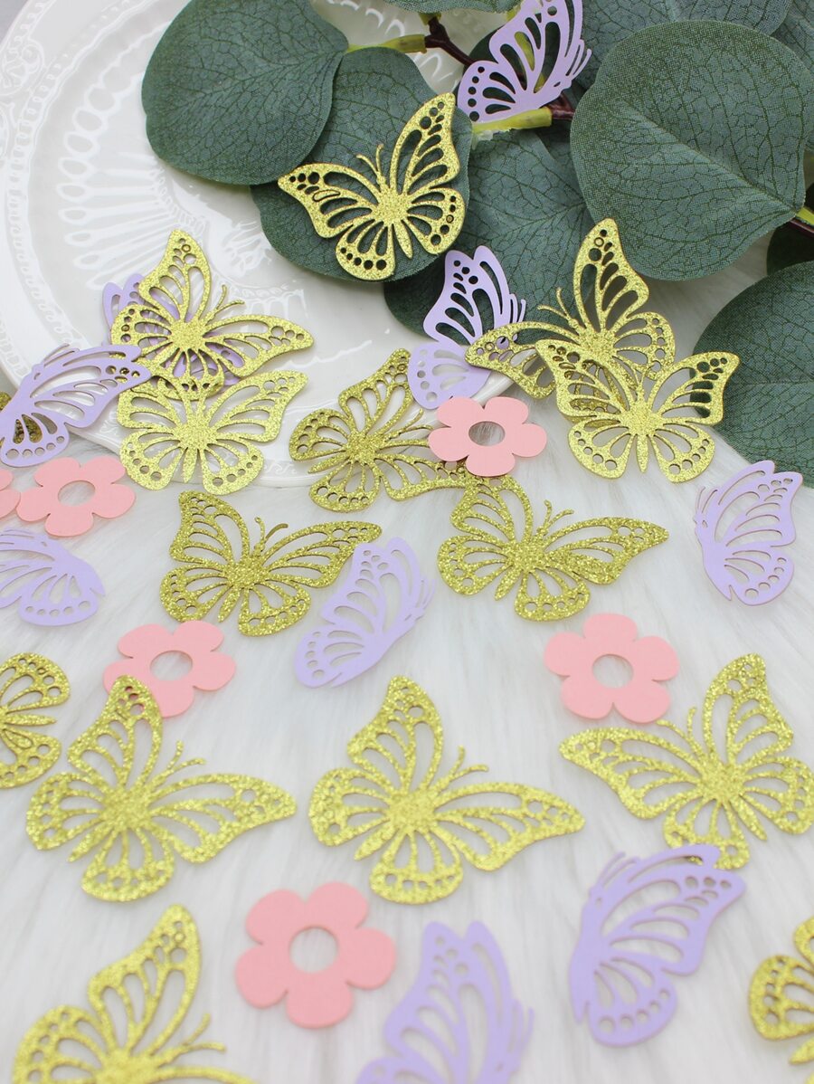 100 piezas de confeti con forma de flor y mariposa, confeti de papel brillante para bodas, Navidad - Multicolor - Ver 1