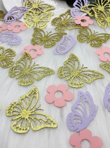 100 piezas de confeti con forma de flor y mariposa, confeti de papel brillante para bodas, Navidad - Multicolor - Ver 4