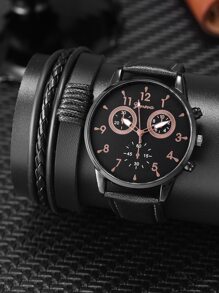 ECONOMICXI 1pc Men Round Pointer Quartz Watch & 1pc Bracelet - Black - View 1