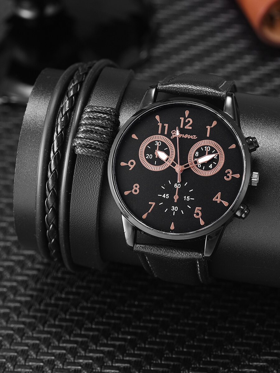 ECONOMICXI 1pc Men Round Pointer Quartz Watch & 1pc Bracelet - Black - View 1