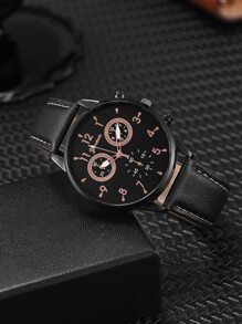 ECONOMICXI 1pc Men Round Pointer Quartz Watch & 1pc Bracelet - Black - View 2