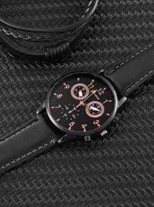 ECONOMICXI 1pc Men Round Pointer Quartz Watch & 1pc Bracelet - Black - View 3