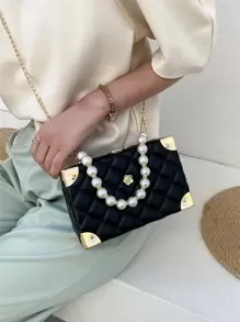 Bolso de caja con adorno de perla y diamante en forma de diamante acolchado de unicolor, bolso bandolera con cadena de metal, regalo de moda para mujer - Negro - Ver 3