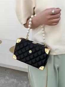 Bolso de caja con adorno de perla y diamante en forma de diamante acolchado de unicolor, bolso bandolera con cadena de metal, regalo de moda para mujer - Negro - Ver 4
