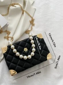 Bolso de caja con adorno de perla y diamante en forma de diamante acolchado de unicolor, bolso bandolera con cadena de metal, regalo de moda para mujer - Negro - Ver 8