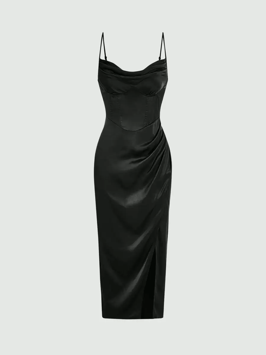 SHEIN BAE Draped Neck Split Thigh Cami Dress - Black - View 1