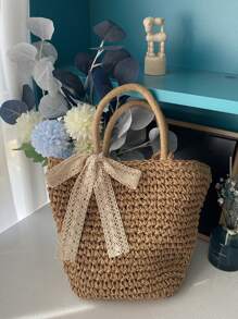 细围巾装饰草编包夏季包包度假海滩旅行度假 - 棕色 - 查看 1