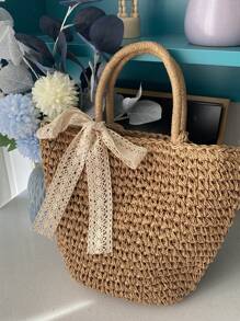细围巾装饰草编包夏季包包度假海滩旅行度假 - 棕色 - 查看 2