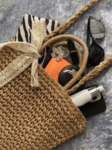 细围巾装饰草编包夏季包包度假海滩旅行度假 - 棕色 - 查看 4