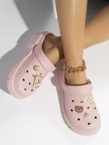 Ladies' Pink Hollow Out Breathable Wooden Heel Shoes With Cartoon Bear And Flower Decor - Pink - View 1