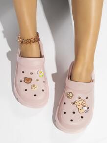 Ladies' Pink Hollow Out Breathable Wooden Heel Shoes With Cartoon Bear And Flower Decor - Pink - View 2