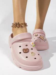 Ladies' Pink Hollow Out Breathable Wooden Heel Shoes With Cartoon Bear And Flower Decor - Pink - View 4