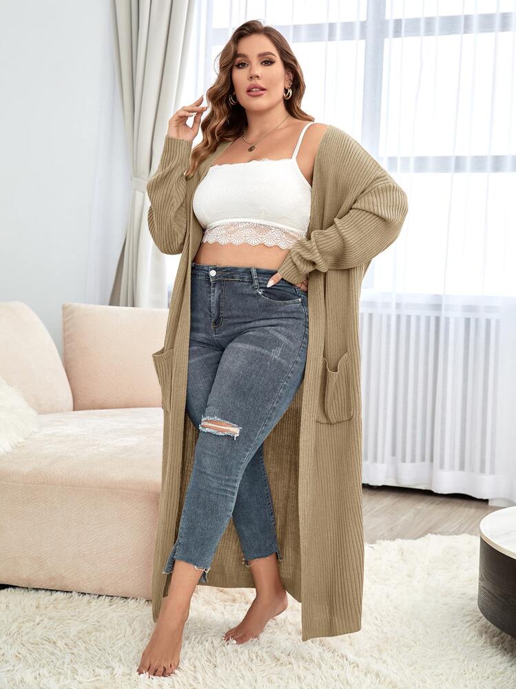 Joress Plus Double Pocket Drop Shoulder Longline Duster Cardigan