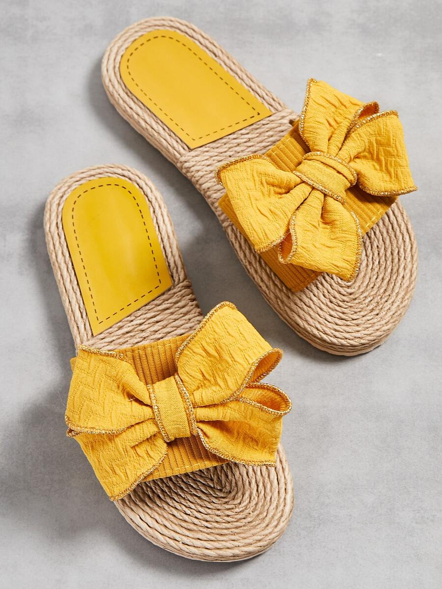 Sandalias amarillas de vacaciones para mujer, sandalias con detalle de puntadas decorativas con lazo - Amarillo - Ver 1