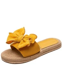 Sandalias amarillas de vacaciones para mujer, sandalias con detalle de puntadas decorativas con lazo - Amarillo - Ver 4