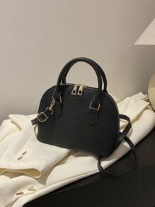 蛇皮壓花手提包雙把手貝殼包 - 黑色 - 查看 6