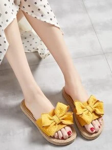 Sandalias amarillas de vacaciones para mujer, sandalias con detalle de puntadas decorativas con lazo - Amarillo - Ver 7