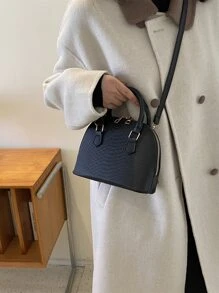 蛇皮壓花手提包雙把手貝殼包 - 黑色 - 查看 2