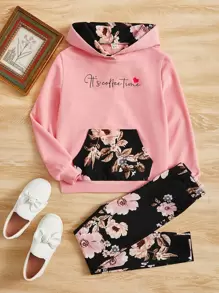 SHEIN Cô gái Tween Khẩu hiệu và In hoa Túi kangaroo Hoodie & Leggings - Nhiều màu - Xem 1