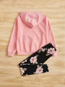 SHEIN Cô gái Tween Khẩu hiệu và In hoa Túi kangaroo Hoodie & Leggings - Nhiều màu - Xem 2