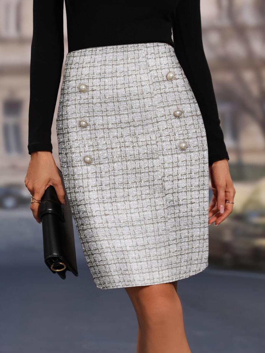 Chiquease Plaid Double Button Split Hem Skirt - White - View 1