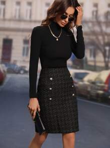 Chiquease Falda bajo con abertura de cuadros con botón falso - Negro - Ver 3