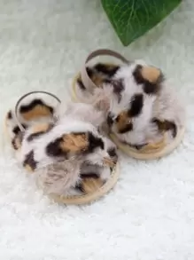 Sandalias planas con estampado de leopardo de moda, lindas pantuflas de felpa para bebés - Multicolor - Ver 3
