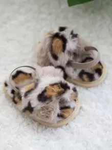 Sandalias planas con estampado de leopardo de moda, lindas pantuflas de felpa para bebés - Multicolor - Ver 4